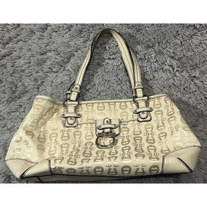 Etienne Aigner Off-White Logo Print Cotton Canvas Handbag with Faux Leather Trim